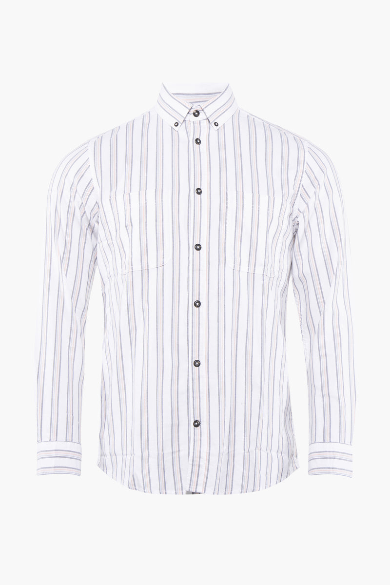 Chemise à manches longues blanche rayée de Tom Tailor, avec boutons noirs et poches poitrine.
