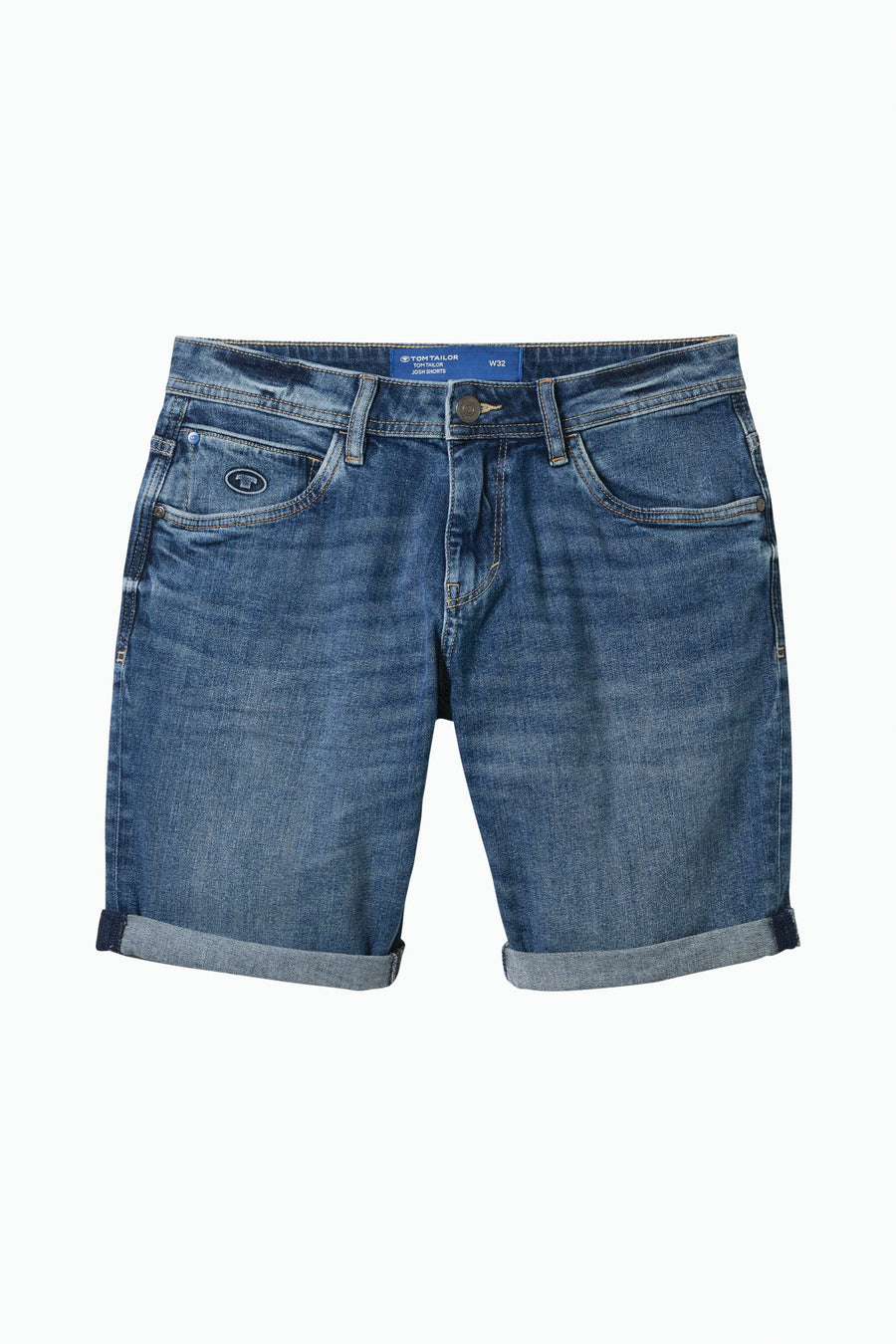 Donkerblauwe spijkerbroekshorts van Tom Tailor, met opgerolde zomen.