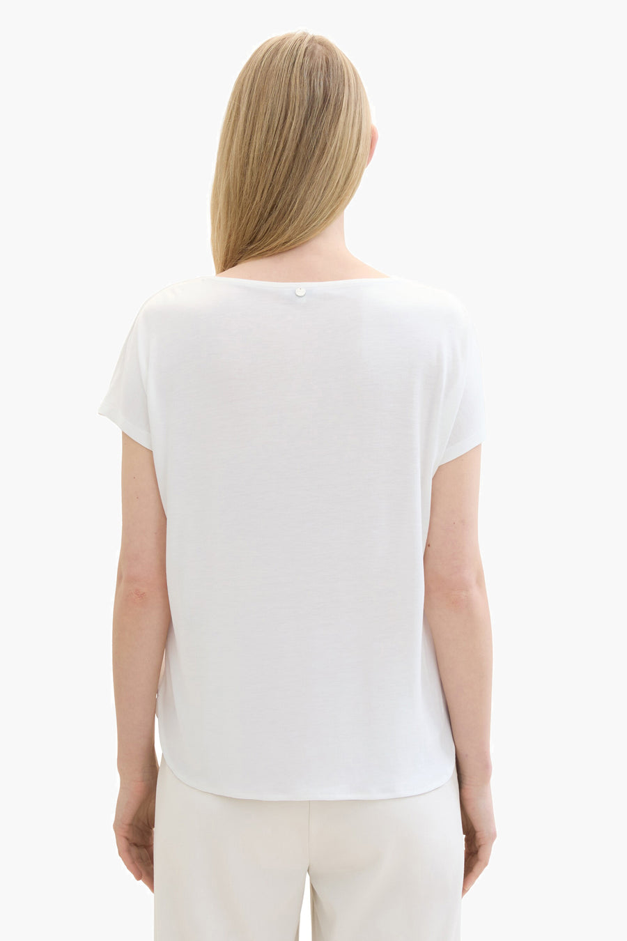 Ecru T-shirt met korte mouwen van Tom Tailor, van achteren gezien, met een decoratieve knoop.