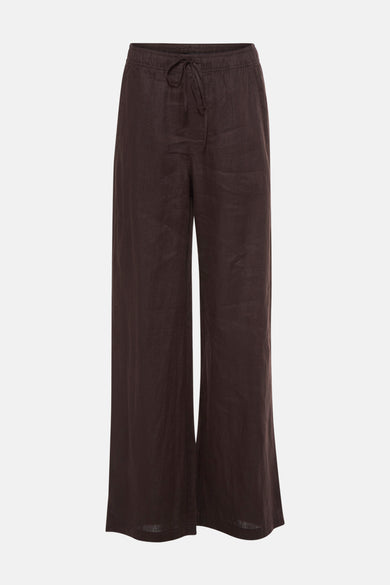 Pantalon brun d'OPUS, coupe ample avec taille élastique à cordon, en lin froissé.