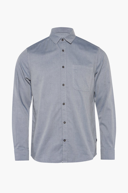 Blauw overhemd met lange mouwen van Tom Tailor met subtiel geometrisch patroon en borstzak.