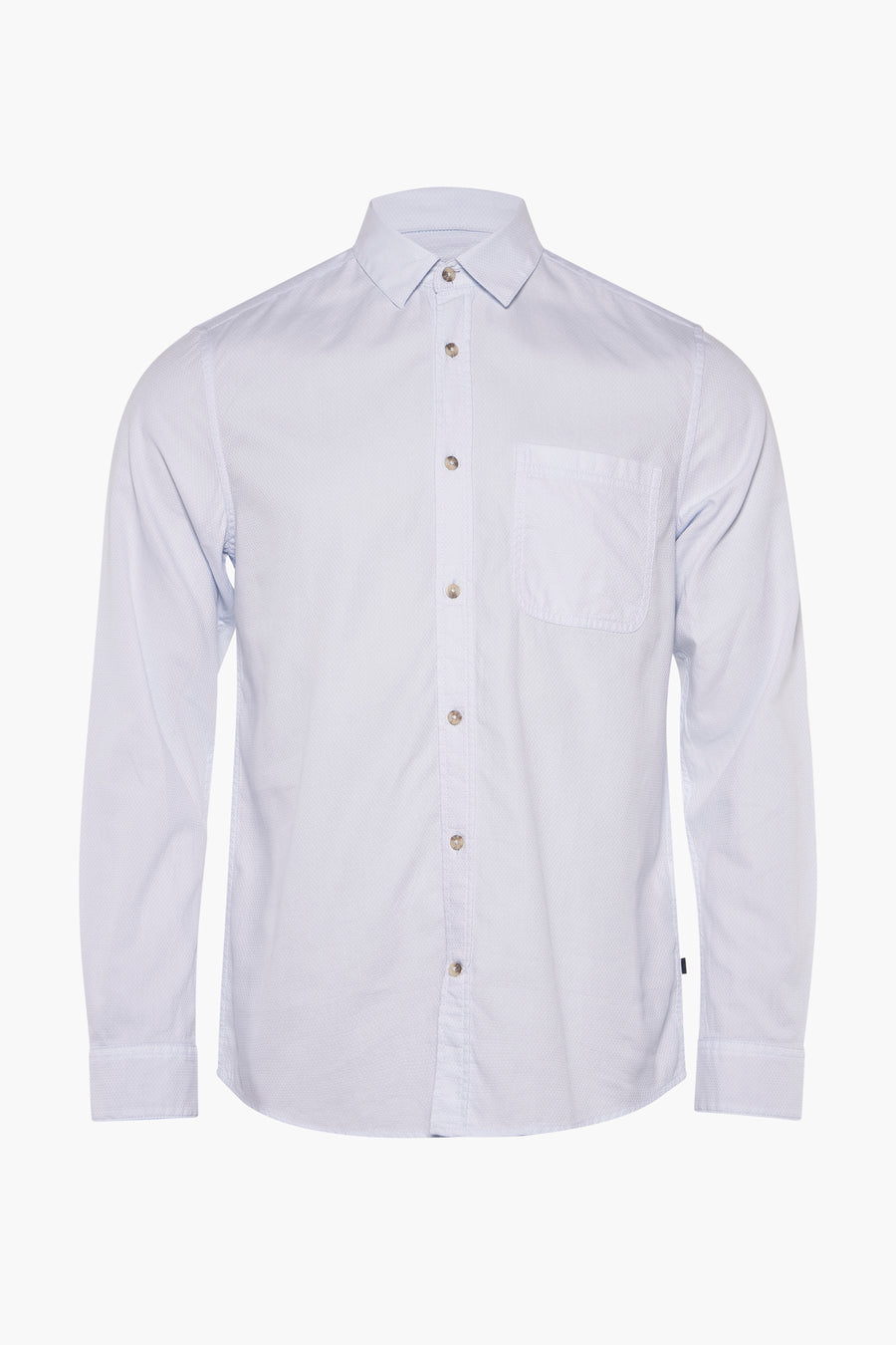 Chemise à manches longues bleue de Tom Tailor, avec poche de poitrine et boutons marron clair.