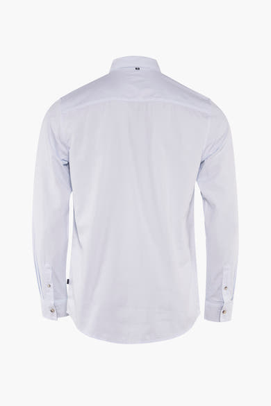 Blauw overhemd met lange mouwen van Tom Tailor, achterkant, subtiel patroon en knopen bij de manchetten.