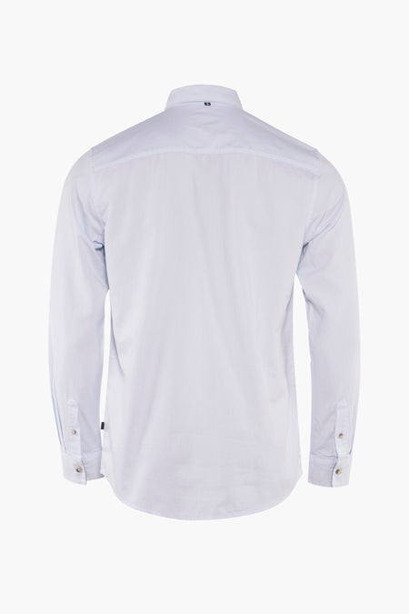 Blauw overhemd met lange mouwen van Tom Tailor, achterkant, subtiel patroon en knopen bij de manchetten.
