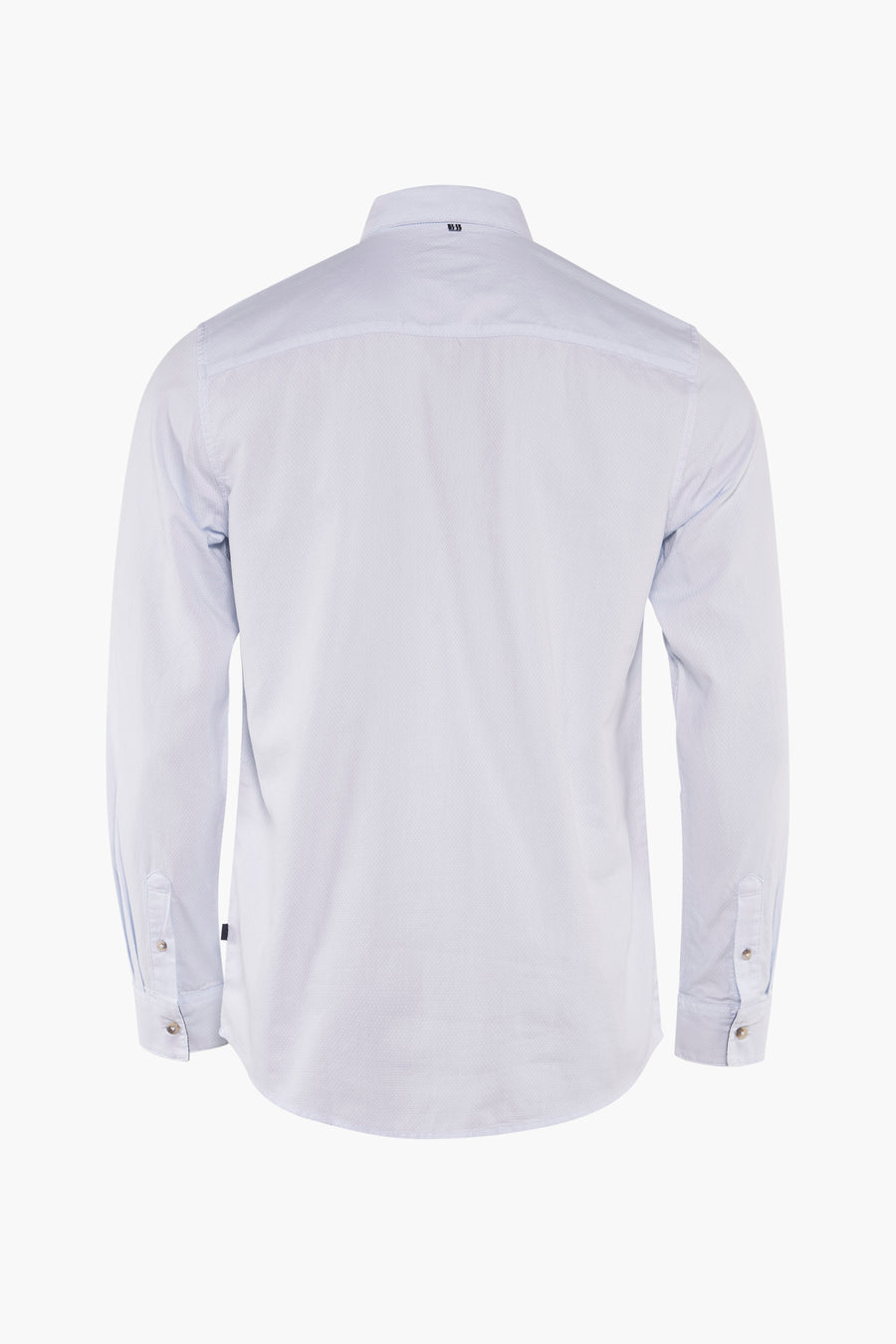 Blauw overhemd met lange mouwen van Tom Tailor, achterkant, subtiel patroon en knopen bij de manchetten.