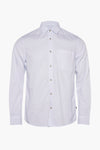 Blauwe blouse met lange mouwen van Tom Tailor, met borstzak en lichtbruine knopen.