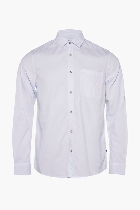 Blauwe blouse met lange mouwen van Tom Tailor, met borstzak en lichtbruine knopen.