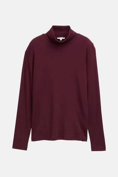Bordeaux T-shirt met lange mouwen van Tom Tailor, van effen tricot met opstaande kraag.
