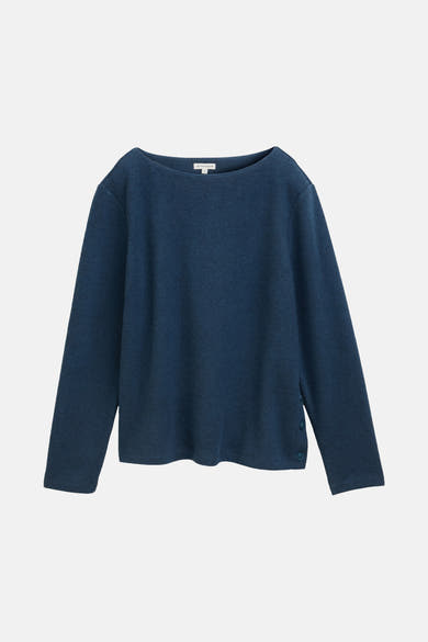 Ronde hals trui van Tom Tailor in het blauw, geribd gebreid met knoopdetails aan de zijkant.