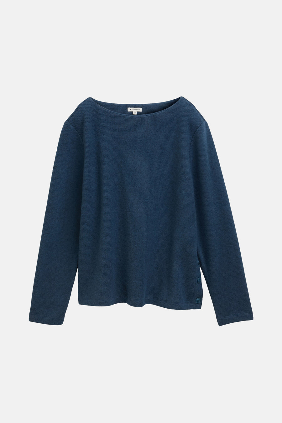 Ronde hals trui van Tom Tailor in het blauw, geribd gebreid met knoopdetails aan de zijkant.
