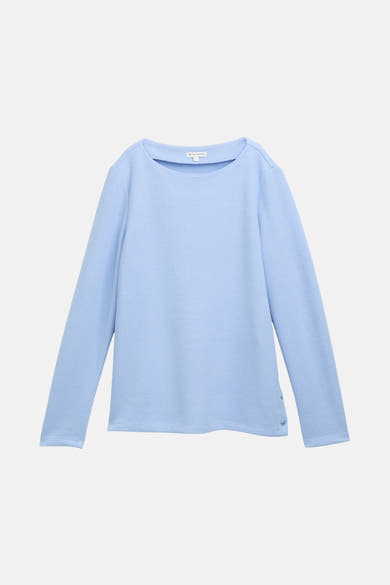 Ronde hals trui blauw van Tom Tailor, in ribgebreide stof met knoopdetails op de manchetten.