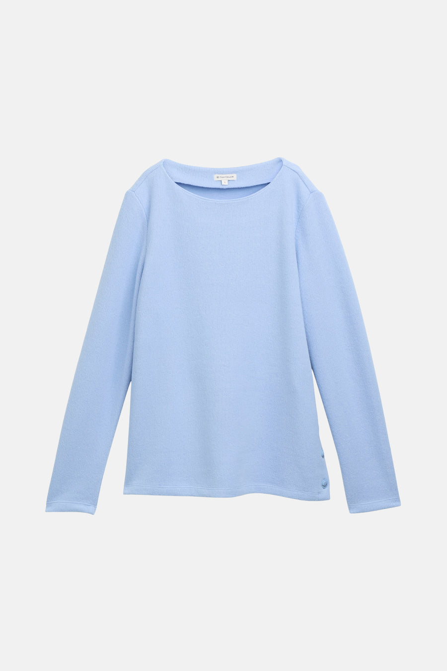 Ronde hals trui blauw van Tom Tailor, in ribgebreide stof met knoopdetails op de manchetten.