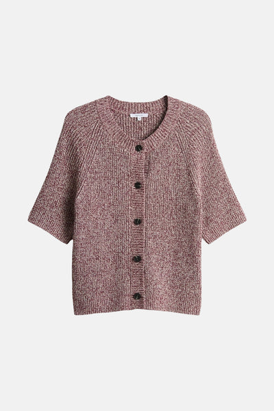Gilet rouge chiné à manches courtes par OPUS, avec une patte de boutonnage à cinq boutons.