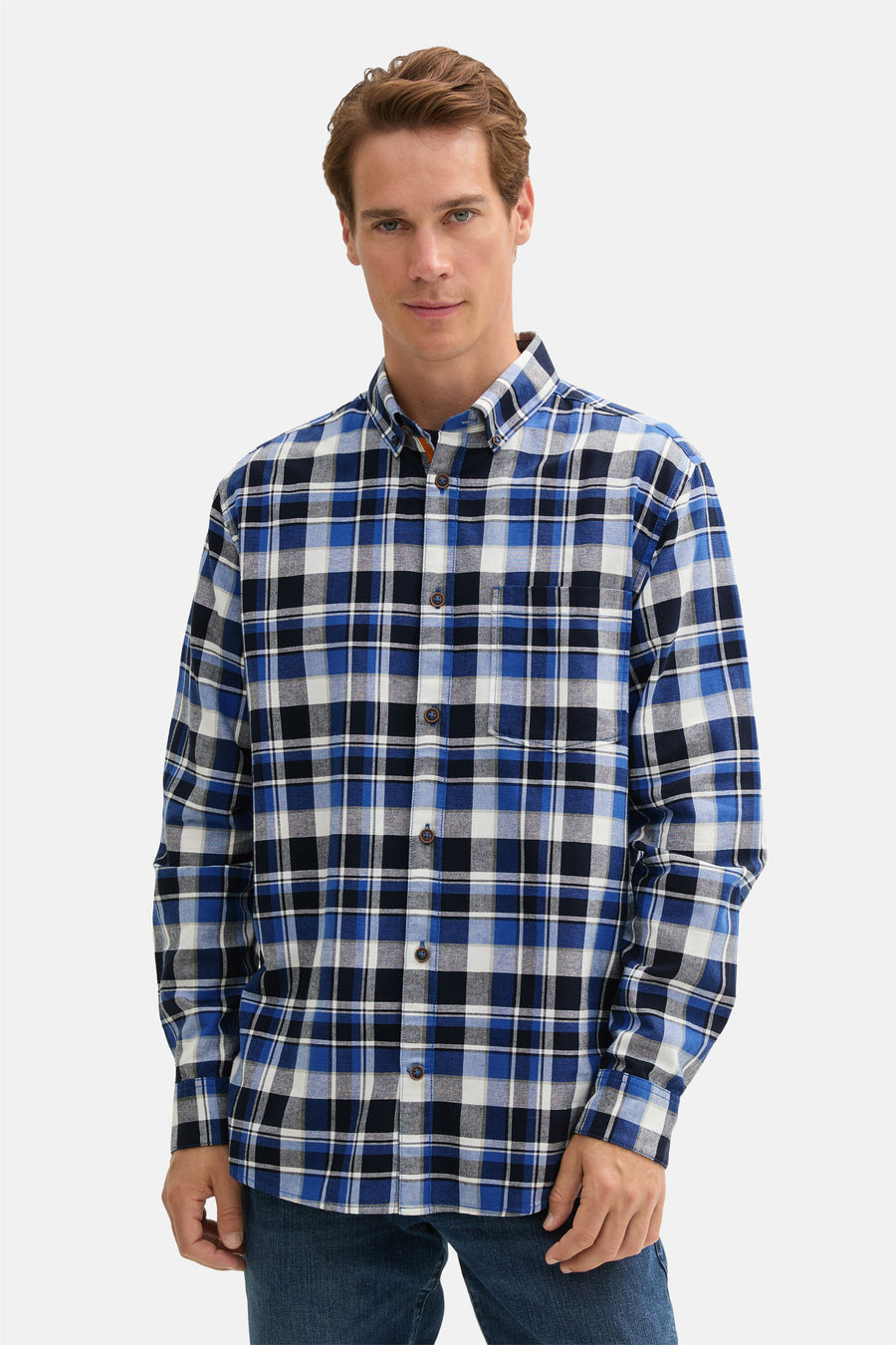 Blauw geruit overhemd met lange mouwen van Tom Tailor, met knoopdetails en een zichtbare borstzak.