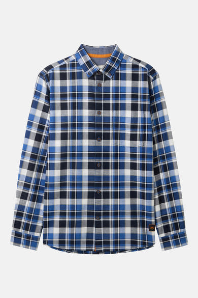 Blauw geruit overhemd met lange mouwen van Tom Tailor, met borstzak en bruine knopen.