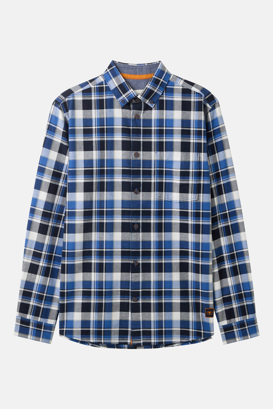 Blauw geruit overhemd met lange mouwen van Tom Tailor, met borstzak en bruine knopen.