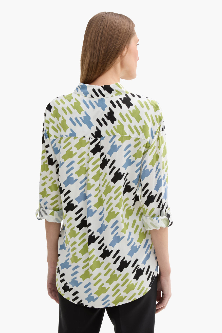 Multikleurige blouse met lange mouwen van Tom Tailor, met een abstract grafisch patroon in blauw, groen en zwart.