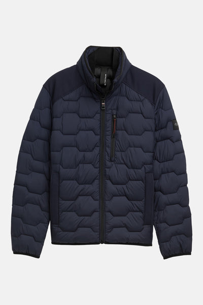 Veste courte bleue by Tom Tailor, matelassée avec empiècements texturés aux épaules et fermeture zippée.