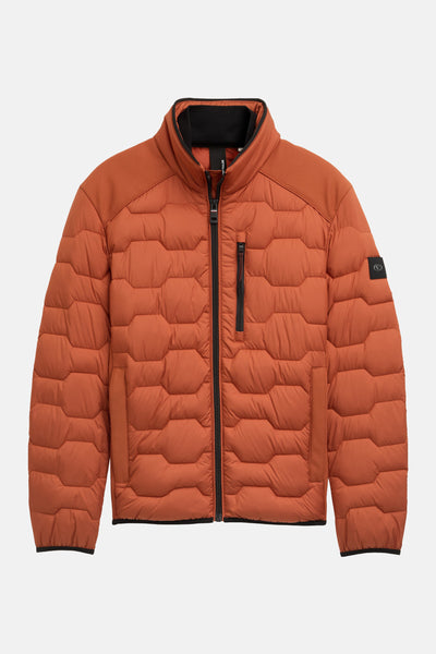 Veste courte orange par Tom Tailor, avec motif matelassé et fermeture éclair noire.