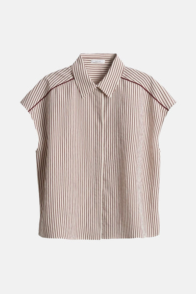 Bordeaux blouse met korte mouwen van OPUS, verticale strepen en contrasterende afwerkingen op de schouders.