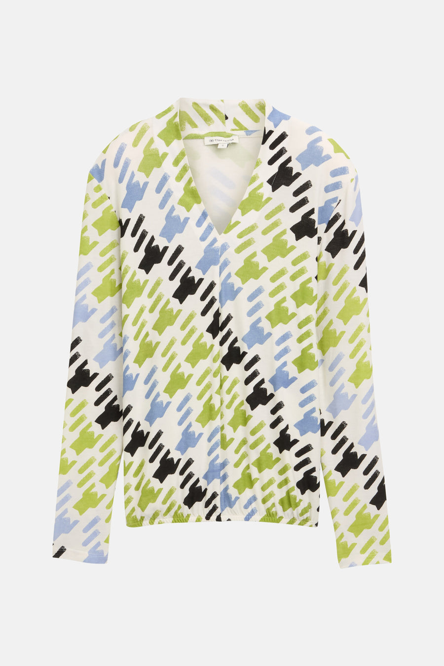Multikleuren T-shirt met lange mouwen van Tom Tailor, met een abstract groen, blauw en zwart geometrisch patroon.