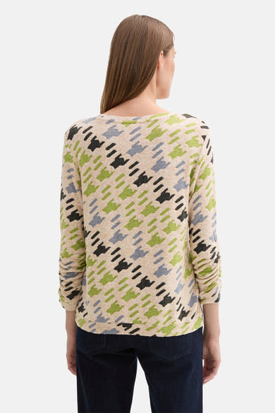 Multikleurig T-shirt met lange mouwen van Tom Tailor, met abstract patroon en geplooide mouwen.