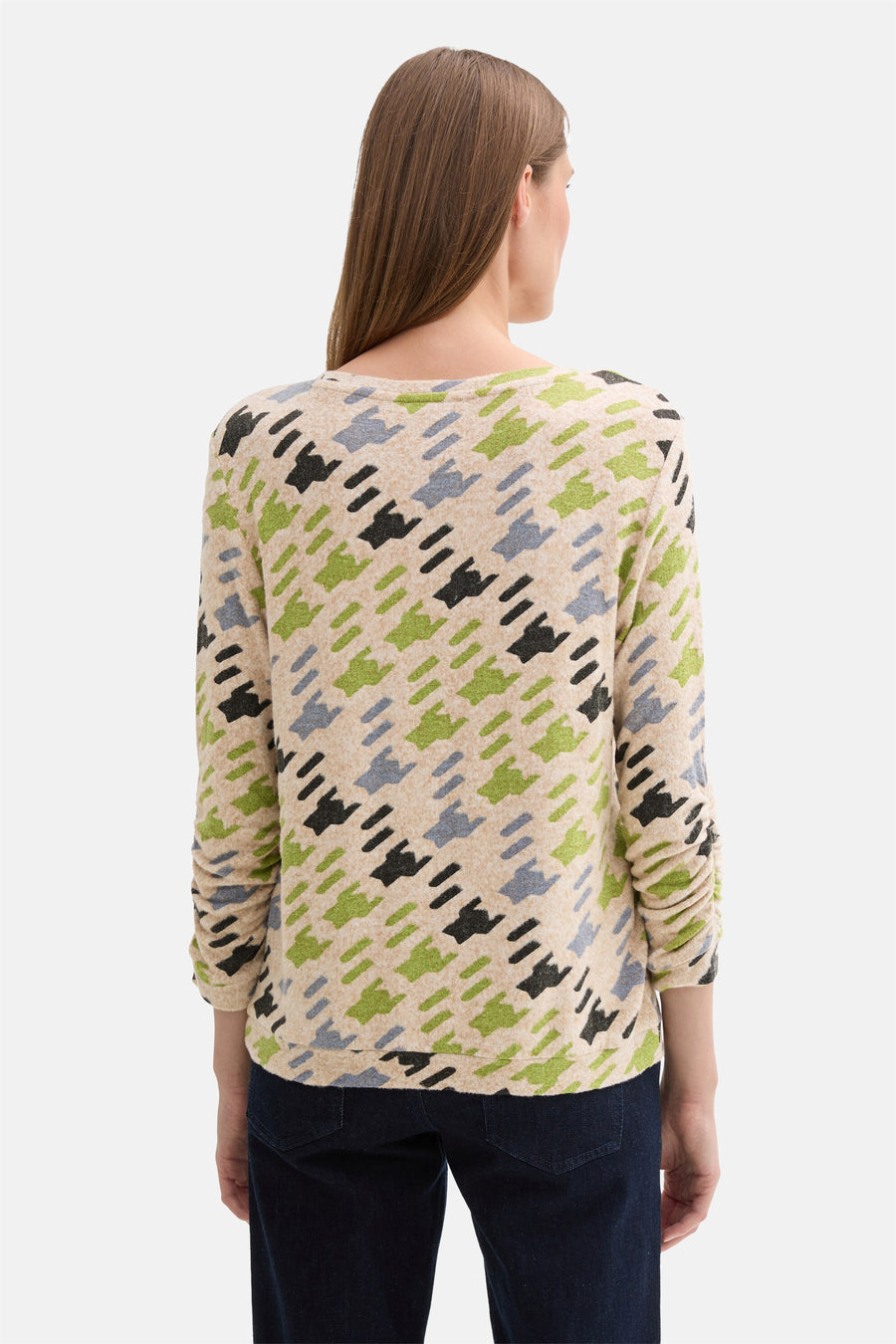 Multikleurig T-shirt met lange mouwen van Tom Tailor, met abstract patroon en geplooide mouwen.