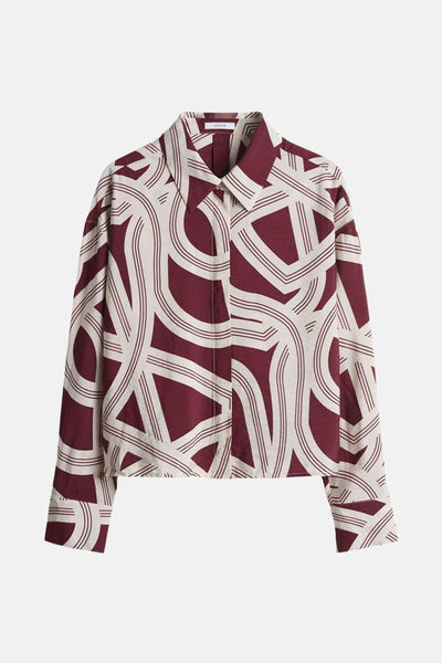 Chemise multicolore à manches longues par OPUS avec un motif géométrique bordeaux et blanc cassé.
