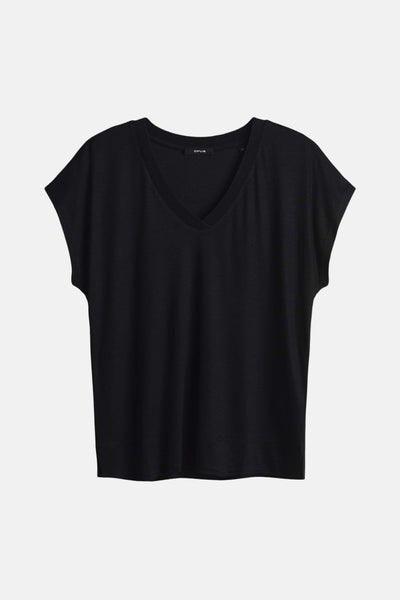 Zwart T-shirt met korte mouwen van OPUS, met discrete V-hals.