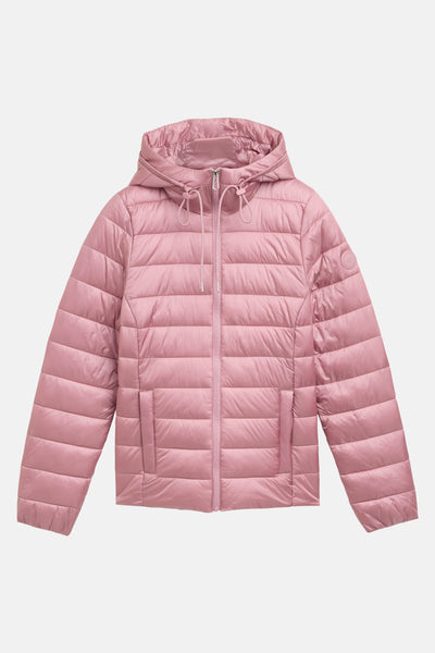 Korte roze jas van Tom Tailor met capuchon en volledige ritssluiting.