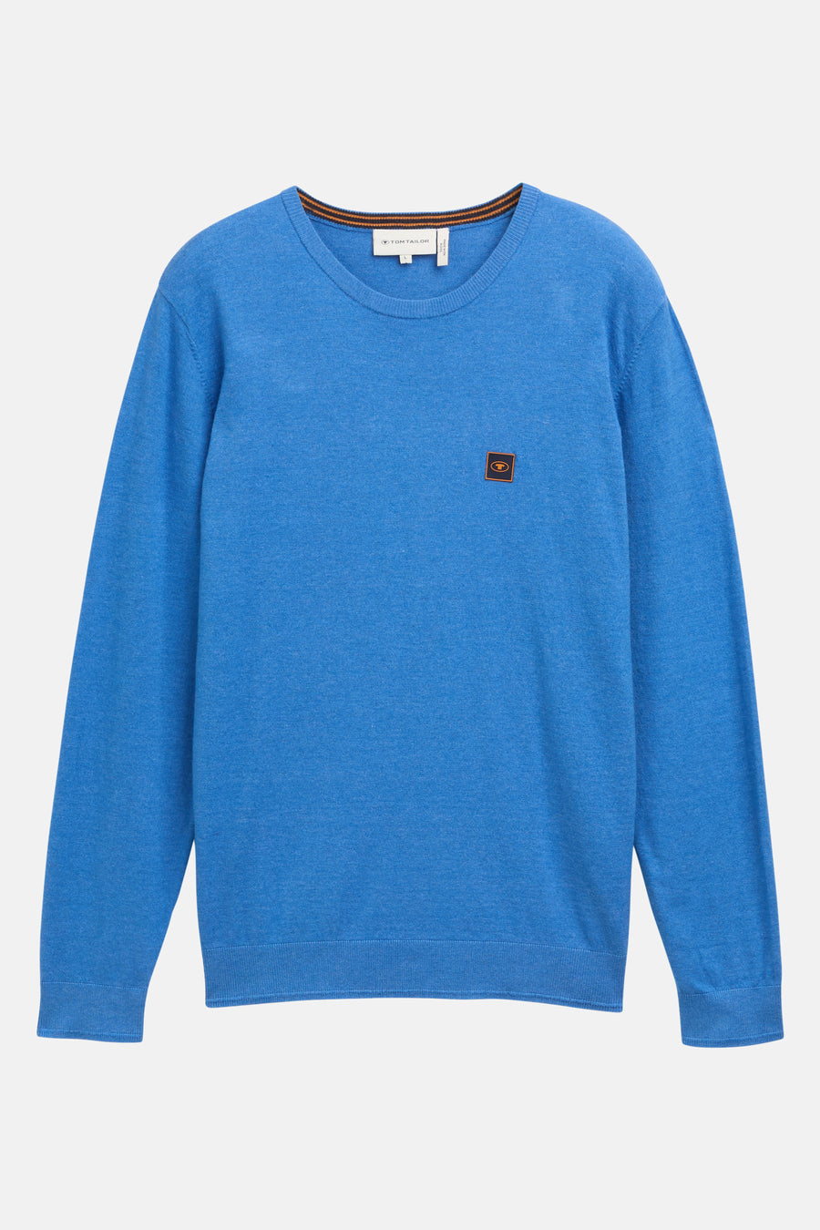 Ronde hals trui blauw van Tom Tailor, met embleem op de borst en gestreepte kraag.
