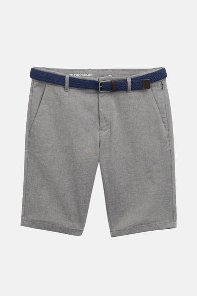 Korte blauwe short van getextureerde stof van Tom Tailor, met een gevlochten marineblauwe en bruine riem.