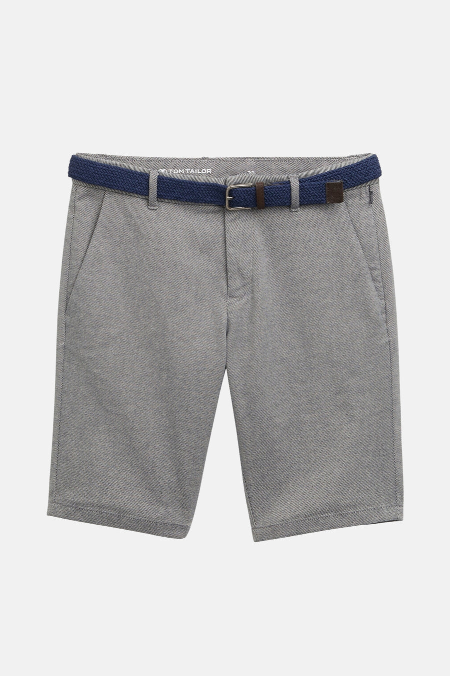 Korte blauwe short van getextureerde stof van Tom Tailor, met een gevlochten marineblauwe en bruine riem.