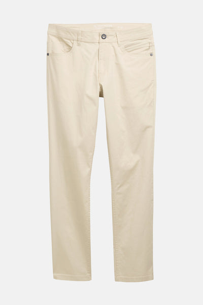 Pantalon coloré beige de Tom Tailor, avec poches avant et arrière, sur fond blanc.