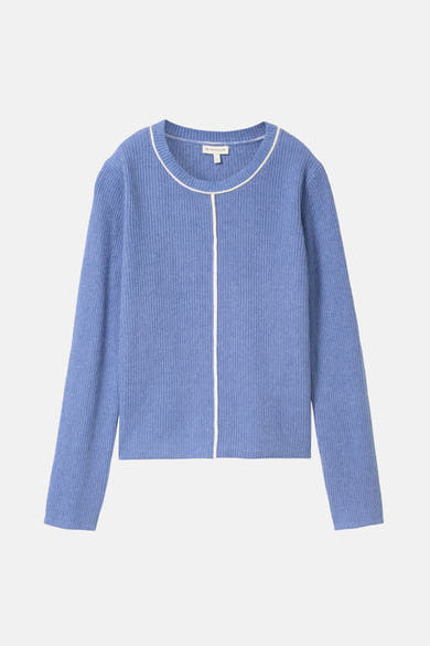Ronde hals trui blauw van Tom Tailor met witte biesdetails.