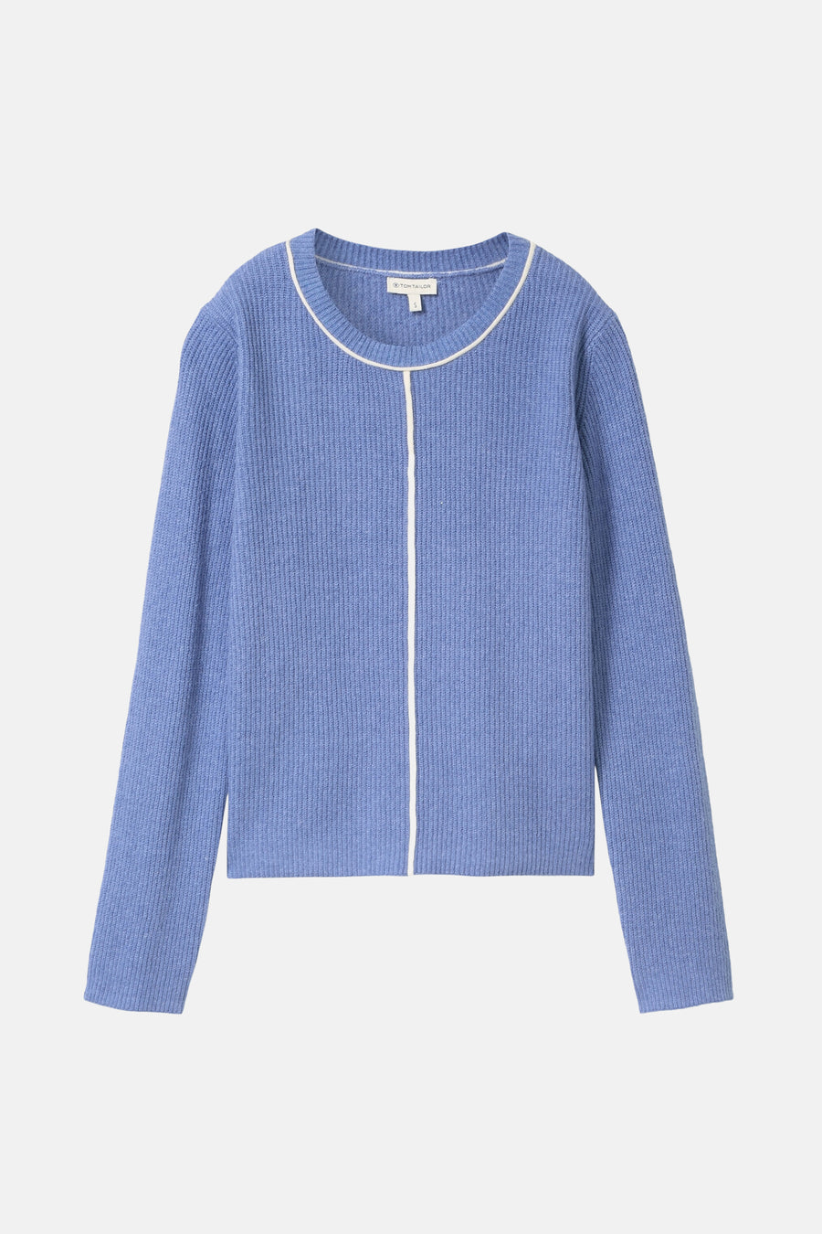 Ronde hals trui blauw van Tom Tailor met witte biesdetails.