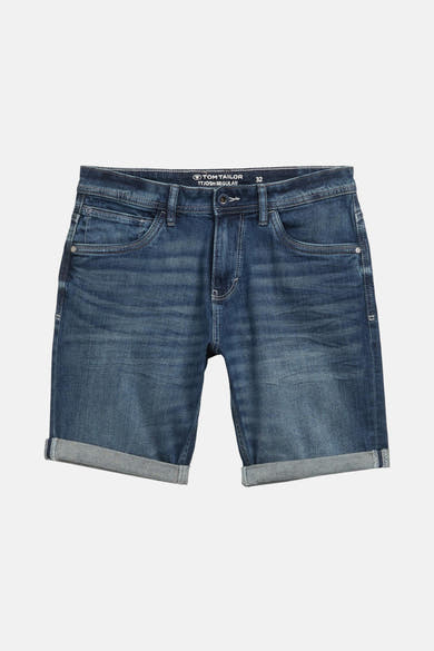 Korte donkerblauwe spijkerbroek van Tom Tailor, met omgeslagen zomen en subtiele stikseldetails.