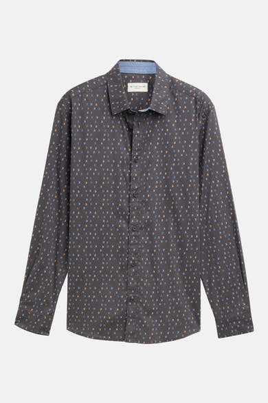 Grijze blouse met lange mouwen van Tom Tailor met blauw en oranje visgraatpatroon.