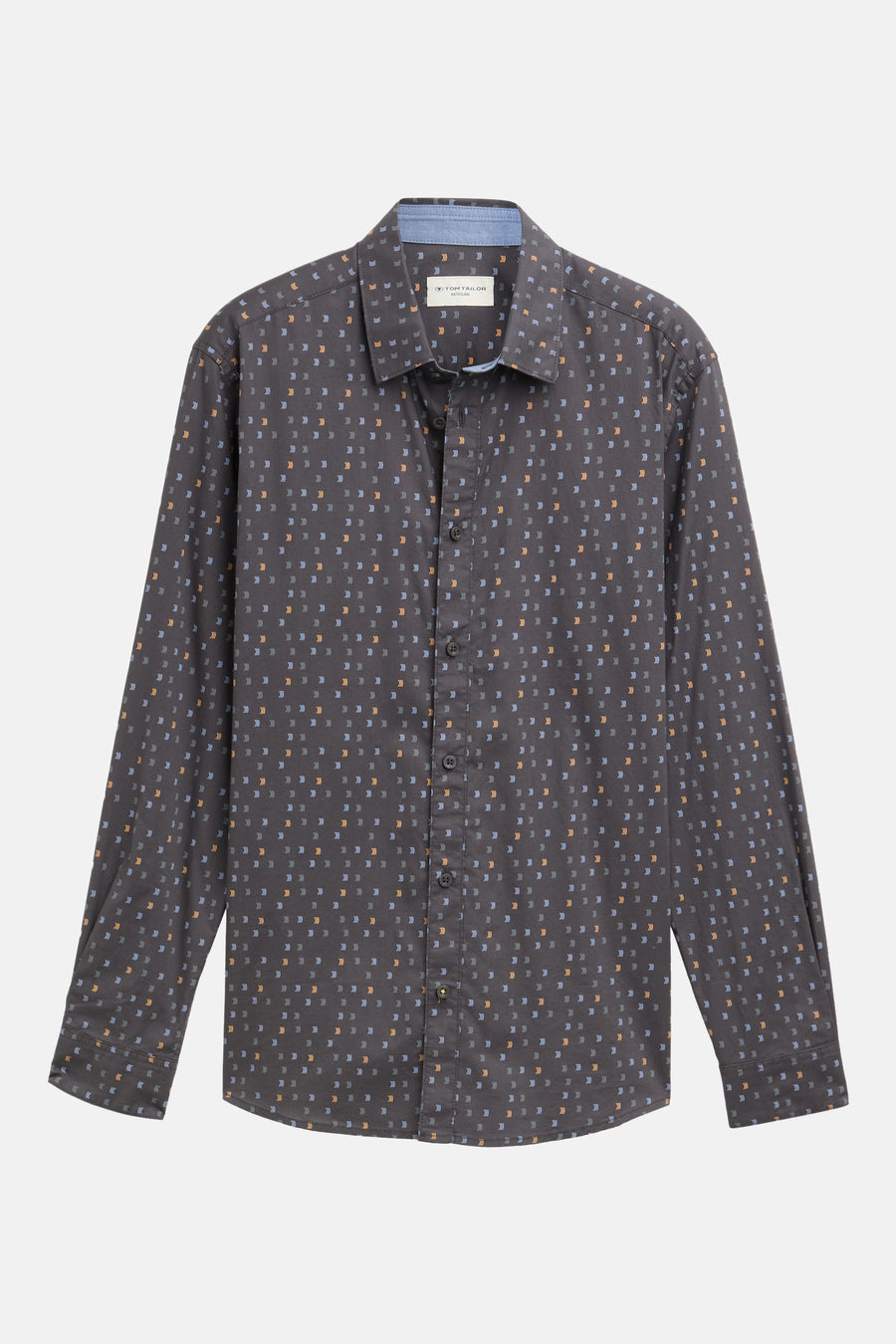 Grijze blouse met lange mouwen van Tom Tailor met blauw en oranje visgraatpatroon.