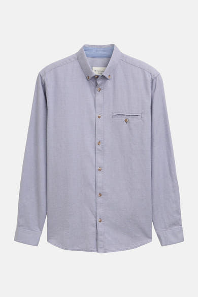 Blauw overhemd met lange mouwen van Tom Tailor, met subtiel textuurpatroon, met borstzak met knoop.