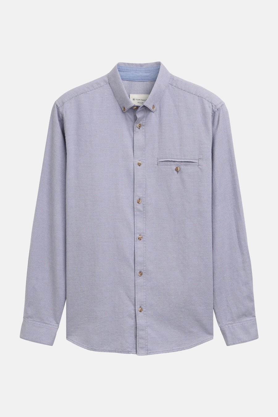 Blauw overhemd met lange mouwen van Tom Tailor, met subtiel textuurpatroon, met borstzak met knoop.