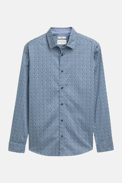 Blauw overhemd met lange mouwen van Tom Tailor, met wit en marineblauw geometrisch patroon, met donkere knopen.