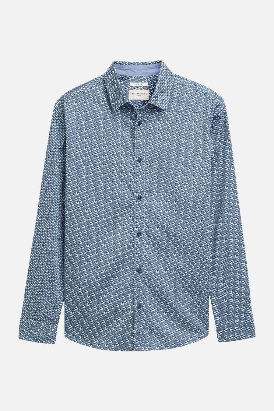 Blauw overhemd met lange mouwen van Tom Tailor, met wit en marineblauw geometrisch patroon, met donkere knopen.