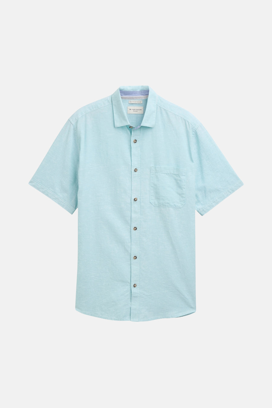 Turquoise overhemd met korte mouwen van Tom Tailor, met opgestikte borstzak en bruine knopen.