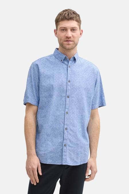 Blauwe blouse met korte mouwen van Tom Tailor, met stippenpatroon, achterkant.
