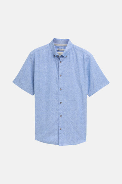 Blauwe blouse met korte mouwen van Tom Tailor, met een discreet stippenpatroon.