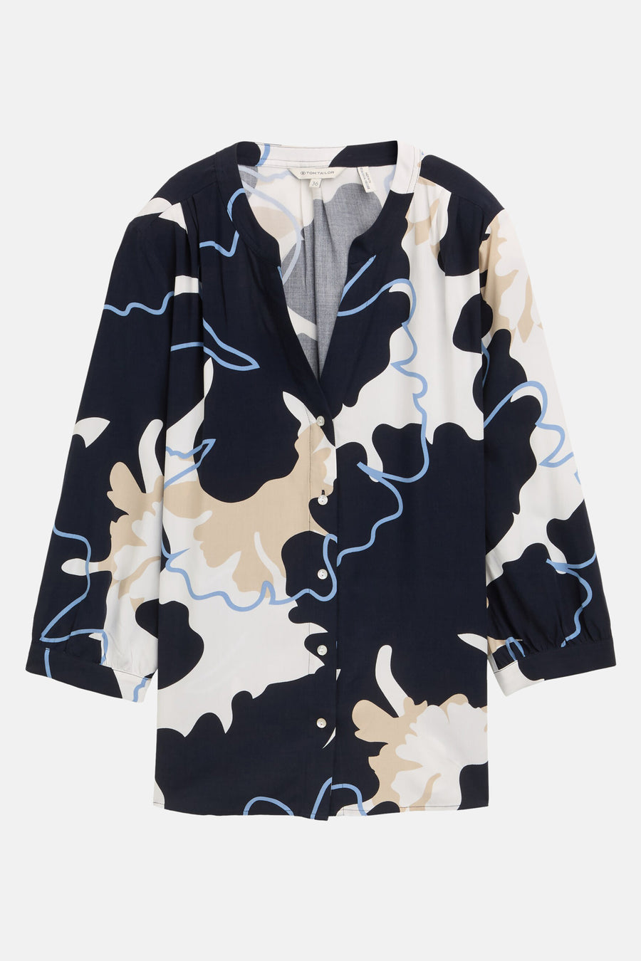Multikleurig overhemd met lange mouwen van Tom Tailor, met een abstract bloemenpatroon in blauw, marineblauw, beige en wit.