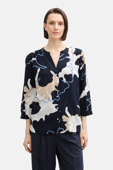 Multikleurige blouse met lange mouwen van Tom Tailor, met een blauw abstract patroon en knopen aan de voorkant.