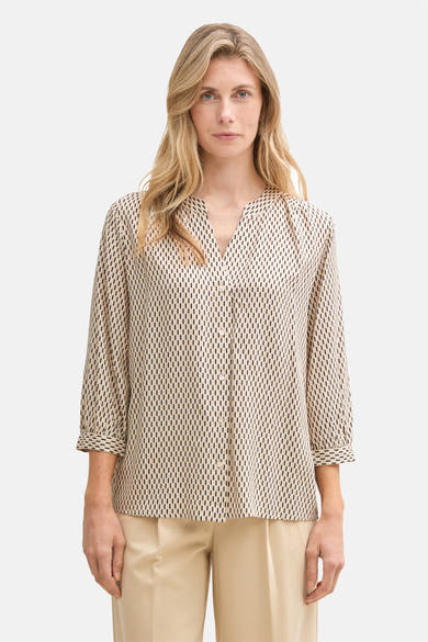 Beige blouse met lange mouwen van Tom Tailor, geometrisch patroon met fijne verticale strepen, achterzijde.