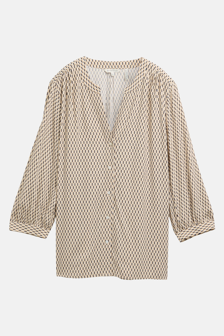 Beige blouse met lange mouwen van Tom Tailor, bedrukt met zwarte en beige grafische patronen.